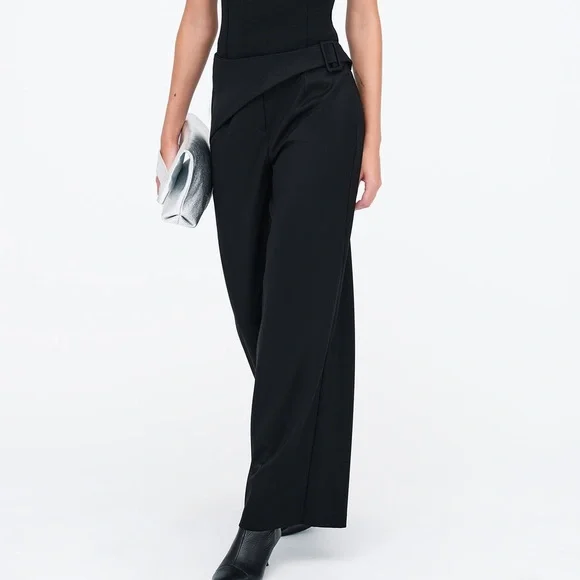 Marcella Black Straight Wide Leg Asymmetrical Waist Panel Jordan Pants Trousers - Picture 2 of 14